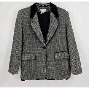 Talbots One Button Worsted Wool Houndstooth Velvet Collar Lined Blazer Sz 10